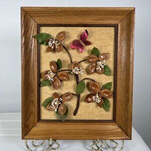 Vintage 70s Mid-Century Peach Pit Nut Shell Art Wall Hang Flowers Framed MCM